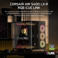 Corsair AIR 5400 LX-R RGB iCUE LINK Triple Chamber Mid-Tower PC Case - Black ATX E-ATX 467x470x340mm TG 360GPU 180CPU 360RAD USB-C