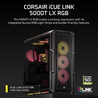 Corsair iCUE LINK 5000T LX RGB Mid-Tower High-Performance PC Case - Black, ATX, 450mm GPU, 170mm CPUcooler, 360mm rad, 3x LX120 RGB, 1x USB-C 3.2 Gen2