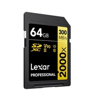 Lexar Professional 2000x 64GB SDHC SDXC UHS-II Card GOLD Series 64GB  C10, UHS-II (U3), V90, up to 300MB s read, 260MB s write