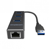 Simplecom CHN410 Black Aluminium 3 Port USB 3.0 HUB with Gigabit Ethernet Adapter 1000Mbps for PC MAC 