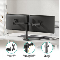 mbeat activiva Dual-Screen Articulating Monitor Arm with Free-Standing Desktop Base provides the perfect solution for ergonomic comfort and workspace