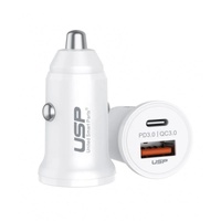 USP 25W Dual Port (USB-C 25W PD  USB-A 18W QC3.0) Fast Car Charger White - Dual USB Quick Charge, Inteligent Charging, 2 Year Warranty