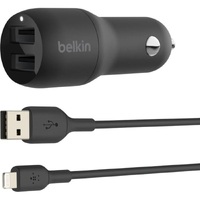 Belkin BoostCharge Dual USB-A Car Charger 24W + Lightning to USB-A Cable(1M) - Black(CCD001bt1MBK),2xUSB-A(12W),Dual Port Fast & Compact Charger,2YR
