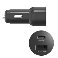 Cygnett CarPower 20W Dual Port Car Charger with 20W USB-C PD + 20W QC 3.0 - Black (CY3637CYCCH), 0-50% Battery in just 30 mins, Fast Charging