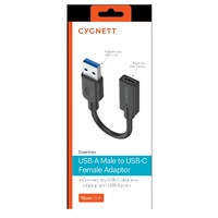 Cygnett Essentials USB-A Male to USB-C Female (10CM) Cable Adapter - Black(CY3321PCUSA),5GBPS Fast Data Transfer,Compact Design Male to Female Adapter