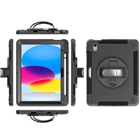 Pisen Rugged Apple iPad (10.9 inch) (10th Gen) Case Black - Built-in-Kickstand Adjustable Hand Strap Shoulder Strap Pen Holder DropProof ShockProof