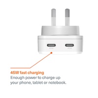 Cygnett ChargePlus 45W Dual Port GaN Slim Wall Charger - White (CY5487PDWCH), 2x USB-C, Portable  Lightweight, Charge Two Device At Once, 2 Years