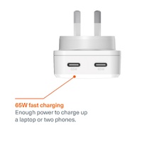 Cygnett ChargePlus 65W Dual Port GaN Slim Wall Charger - White (CY5488PDWCH), 2x USB-C, Portable  Lightweight, Laptop Charger, 2 Years Warranty