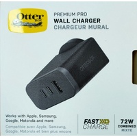 OtterBox 72W Triple Port Premium Pro Fast GaN PD Wall Charger - Black (78-81038), 1x USB-A (12W), 2x USB-C 30W (60W Shared), PPS, Travel-Ready, Laptop