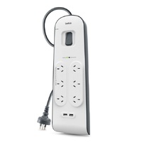 Belkin BSV604 6-Outlet 2-Meter Surge Protection Strip with two 2.4 amp USB charging ports,  Complete Three-line AC protection, CEW $30,000,2YR