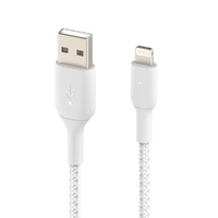 Belkin BoostCharge Braided Lightning to USB-A Cable (1m/3.3ft) - White (CAA002bt1MWH), 480Mbps, 10K+ bend, Apple iPhone / iPad / Macbook, 2YR