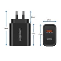 Simplecom CU220 Dual Port PD 20W Fast Wall Charger USB-C + USB-A for Phone Tablet