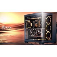 Antec C8 E-ATX mATX ITX Seamless Edge View Front and Side USB-C 4mm Tempered Glass 360mm liquid cooler top bottom side. 2x USB 3.0 Black Case.