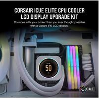 CORSAIR iCUE ELITE CPU Cooler LCD White Display Upgrade Kit transforms your CORSAIR ELITE CAPELLIX CPU cooler into a personalized dashboard