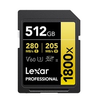 Lexar Professional 1800x 512G SDXC UHS-II Card GOLD Series 512GBC10,  UHS-II(U3), V60, 1800x, up to 280MB s read, 205MB s write