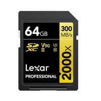 Lexar Professional 2000x 64GB SDHC SDXC UHS-II Card GOLD Series 64GB  C10, UHS-II (U3), V90, up to 300MB s read, 260MB s write
