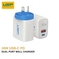 USP 30W Dual Ports (USB-C PD  USB-A QC3.0) Fast Wall Charger - Safe ChargeCompact Travel Ready Charge 2 Devices Simultaneously FireProof Material
