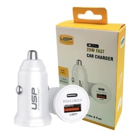 USP 25W Dual Port (USB-C 25W PD  USB-A 18W QC3.0) Fast Car Charger White - Dual USB Quick Charge, Inteligent Charging, 2 Year Warranty