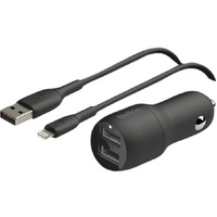 Belkin BOOST CHARGE Dual USB-A Car Charger 24W + Lightning to USB-A Cable (1M) - Black(CCD001bt1MBK),Dual port charges two devices at once