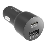 Cygnett CarPower 20W Dual Port Car Charger with 20W USB-C PD + 20W QC 3.0 - Black (CY3637CYCCH), 0-50% Battery in just 30 mins, Fast Charging