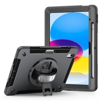 Pisen Rugged Apple iPad (10.9 inch) (10th Gen) Case Black - Built-in-Kickstand Adjustable Hand Strap Shoulder Strap Pen Holder DropProof ShockProof