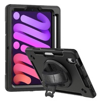 Generic Rugged Apple iPad Mini (8.3 inch) (6th Gen) Case with Sling Black - Built-in-Kickstand Adjustable Hand Strap Pen Holder DropProof ShockProof