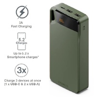 Cygnett ChargeUp Boost 4th Gen 20K mAh Power Bank- Green(CY4750PBCHE)Triple Port(Dual USB-A 15W1xUSB-C 15W),15cm USB-C Cable,15W Max,2 Years Warranty