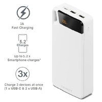 Cygnett ChargeUp Boost 4th Gen 20K mAh Power Bank- White(CY4752PBCHE)Triple Port(Dual USB-A 15W1xUSB-C 15W),15cm USB-C Cable,15W Max,2 Years Warranty
