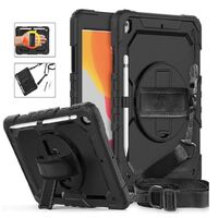 Pisen Rugged Apple iPad (10.2 inch) (9th 8th 7th Gen) Case Black - Built-in-Kickstand Adjustable Hand Strap Shoulder Strap Pen Holder DropProof