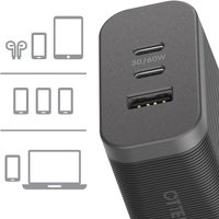 OtterBox 72W Triple Port Premium Pro Fast GaN PD Wall Charger - Black (78-81038), 1x USB-A (12W), 2x USB-C 30W (60W Shared), PPS, Travel-Ready, Laptop