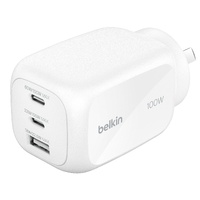 Belkin BoostCharge Pro 100W 3-Port GaN Wall Charger - White (WCH016AUWH), 2x USB-C, 1x USB-A, Charge 3 Devices at Same Time, Laptop, 2 Years Warranty