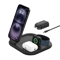 Belkin BoostCharge 3-in-1 Magnetic Foldable Wireless Charger 15W With Qi2 - Black (WIZ029auBK),30W USB-C PS,1.5m USB-C to USB-C Cable,2 Years Warranty