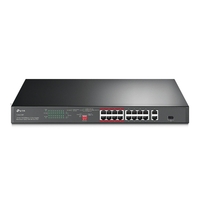 TP-Link TL-SL1218P 16-Port 10/100 Mbps + 2-Port Gigabit Rackmount Switch with 16-Port PoE+, Up to 150W for all PoE ports, Up to 30W for each PoE port
