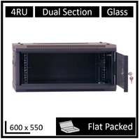 LDR Flat Packed 4U Hinged Wall Mount Cabinet (600mm x 550mm) Glass Door - Black Metal Construction - Top Fan Vents - Side Access Panels