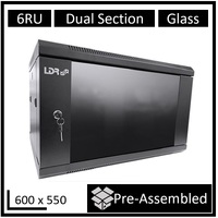 LDR Assembled 6U Hinged Wall Mount Cabinet (600mm x 550mm) Glass Door - Black Metal Construction - Top Fan Vents - Side Access Panels