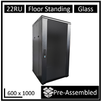 LDR Assembled 22U Server Rack Cabinet (600mm x 1000mm) Glass Door 1x 8-Port PDU 1x 4-Way Fan 2x Fixed Shelves - Black Metal Construction