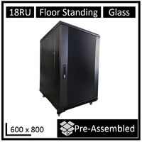 LDR Assembled 18U Server Rack Cabinet (600mm x 800mm) Glass Door 1x 8-Port PDU 1x 4-Way Fan 2x Fixed Shelves - Black Metal Construction