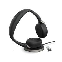 Jabra Evolve2 65 Flex UC Stereo Bluetooth Headset Link380a USB-A Dongle  Wireless Charging Stand Included Foldable Design 2Yr Warranty