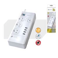 Sansai 4 Outlets  4 USB Outlets Surge Protected Powerboard Master On Off switch 1M lead  Right angle plug 230-240VAC IV Retail box