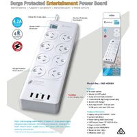 Sansai 8 Outlets  4 USB Outlets Surge Protected Powerboard Master On Off switch 1M lead  Right angle plug 230-240VAC IV Retail box